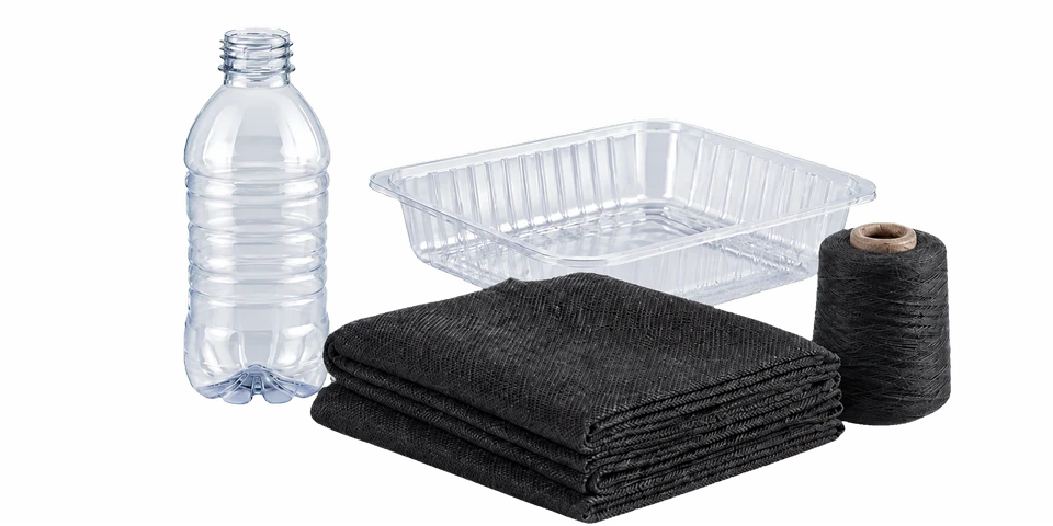 PET bottle and thermoformed tray with polyester textile and yarn