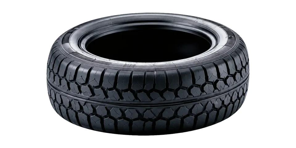 Black automotive tire with visible tread and sidewall