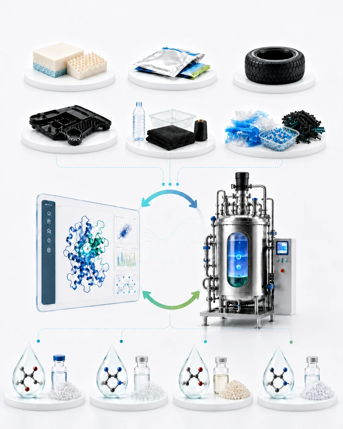 Envalyx platform system view connecting polyurethane, multilayer film, tire rubber, polyamide, PET, and PE/PP inputs to target products