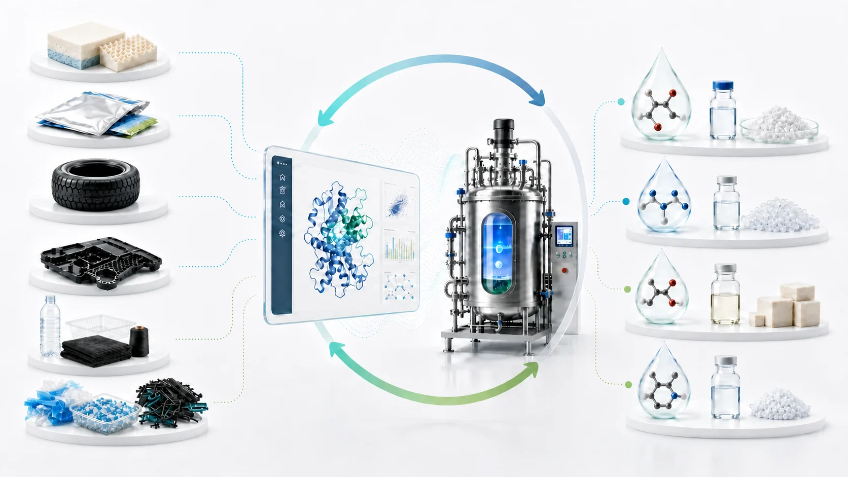 Envalyx platform system view connecting polyurethane, multilayer film, tire rubber, polyamide, PET, and PE/PP inputs to target products